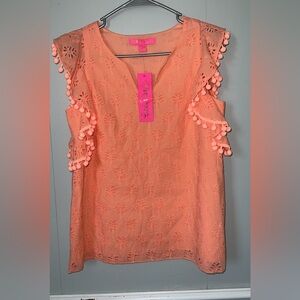 Lilly Pulitzer Astara Palm Tree Eyelet Pom Pom Top Peach Size XS